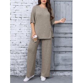 Beautife Womens Plus Size 2 Piece Lounge Sets Ribbed Short Sleeve Tops and Wide Leg Pants Set Travel Airport Outfits Khaki