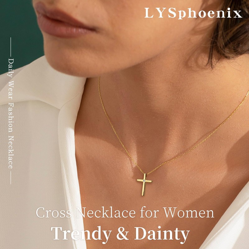 LYSphoenix 14k Gold Plated Silver Cross Necklace for Women Trendy