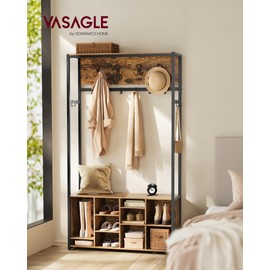VASAGLE Hall Tree with Bench and Shoe Storage, Coat Rack with Shoe Bench, Entryway Furniture, Open Compartments, Industrial Style, Space Saving, Rustic Brown and Ink Black UHSR432K01