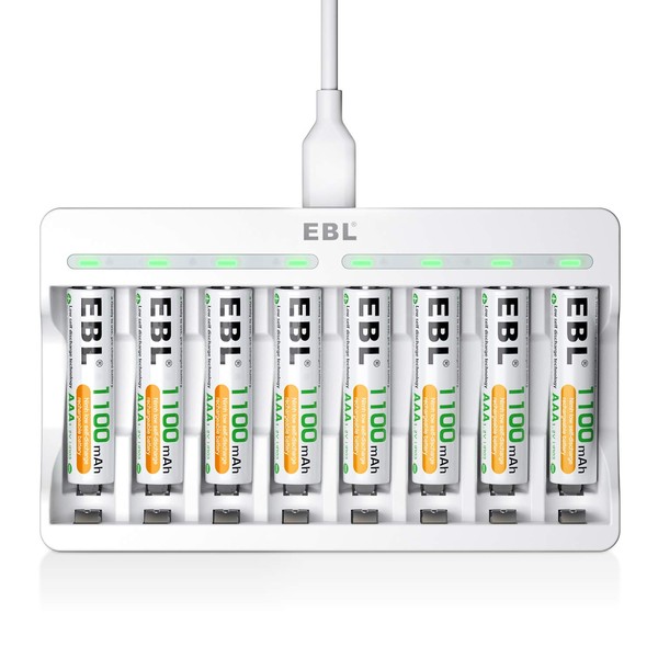 EBL Rechargeable AAA Batteries 1100mAh (8 Counts) and 8 Slot AA AAA Independent Rechargeable Battery Charger with 5V 2A USB Fast Charging Function
