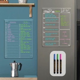 Clear Non-Magnetic Meal Planner Set for Fridge - Dry Erase Transparent Menu and List Board - Sticks to Wall, Glass, Door, Any Smooth Surfaces