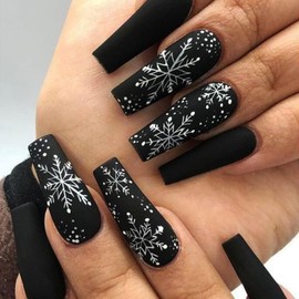 Christmas Press on Nail Black Long Coffin Square Fake Nails White Snowflake Designs Matte False Nails Full Cover Stick on Nails with Glue on Artificial Nails Acrylic Nail Art Decoration for Women