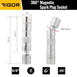 RIGOR 11401 14mm Spark Plug Swivel Socket, Thin Wall, Magnetic | 3/8-Inch Drive,12 Point | Premium CR-V Steel