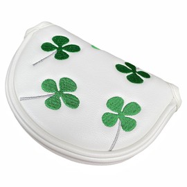 Clover Half Mallet Putter Cover Headcover PU Leather Mid Mallet Putter Headcover Magnetic Premium White Golf Club Cover for Men or Women