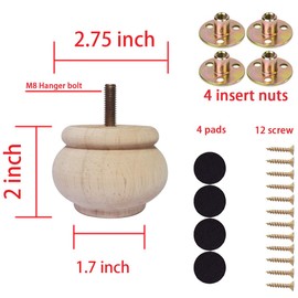 Btibpse 2 Inch Wooden Furniture Legs, Solid Wood Unpainted Replacement Furniture Legs, Ottoman/Loveseat Replacement Legs, Cabinet Legs/Desk/Sofa/Bookcase Round Bun Feet Set of 4 (2 Inch)