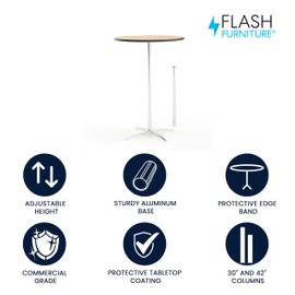 Flash Furniture Lars 30'' Round Wood Cocktail Table with 30'' and 42'' Columns, Adjustable Wood Bar Height Table for Events or Home Use, Natural