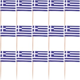 PRETYZOOM 100pcs Greece Flag Greek Cupcake Toppers Picks Greece Flag Greek Toothpick Flags Wooden Mini Stick Toothpick Flags Cocktail Picks Desert Fruit Picks