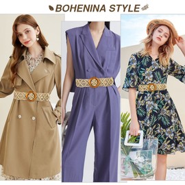 Jeesblsy Women's Braided Waist Belt Made of Rope Braid in Bohemian, Woven Straw Belt, Wide Waistband for Dress, Summer, Decorative Braided Belt with Wooden Buckle, light green