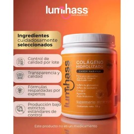 Lumihass Colágeno Hidrolizado 725 G Sabor Naranja - 30 Porciones Cu - Con Omega 3, Magnesio, Aguacate, Acido Hialurónico, Biotina, Vitamina C - Piel  