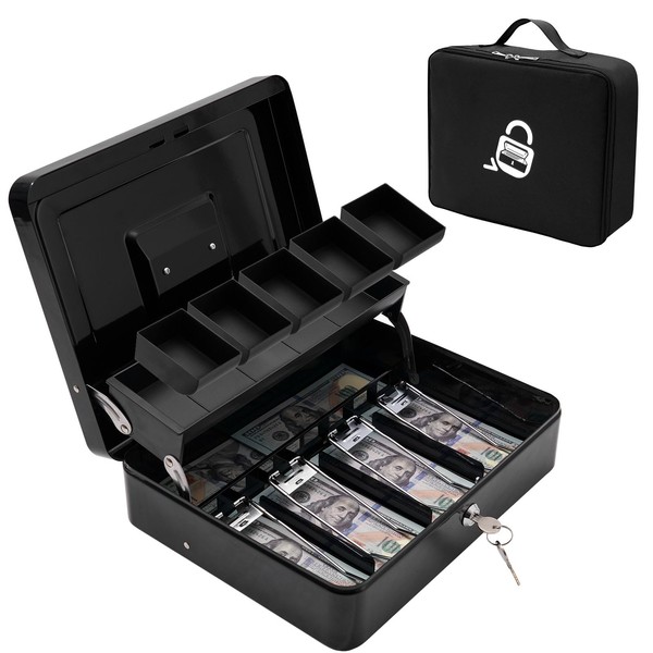 Locking Cash Box with Carry Bag, Metal Money Box with