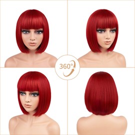 BATISI Red Bob Wig for Women Short Bob Wigs Straight Flat Bangs Synthetic Costume Cosplay Daily Party Neon Wig 12 Inch