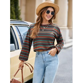 ZAFUL Women's Tribal Ethnic Graphic Cropped Knitwear Bohemian Long Sleeve Pullover Sweater Boho Drop Shoulder Knitted Top Multicolored