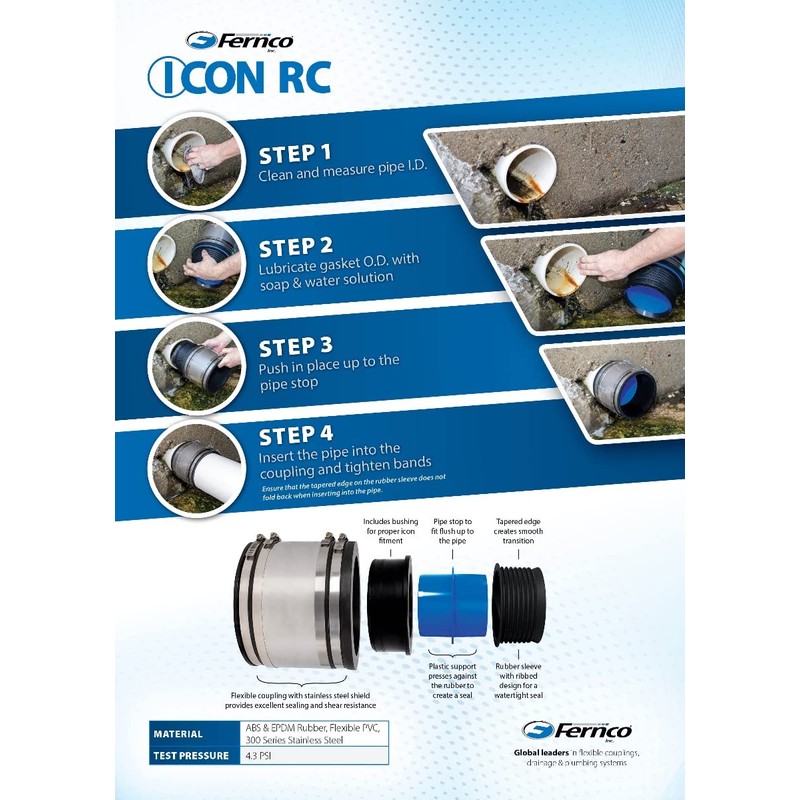 Fernco 4" ICON RC Pushfit DWV Coupling Sheared Off Pipe
