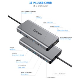 USB C Hub, Tymyp 12 in 1 USB C Hub Adapter with 4K HDMI x 2, 2 x USB 3.0, Gigabit Ethernet Port, 2 x USB 2.0, 100 W PD, VGA, SD/TF Card Reader, 3.5 mm Audio Jack USB C Dock Compatible with Laptop,