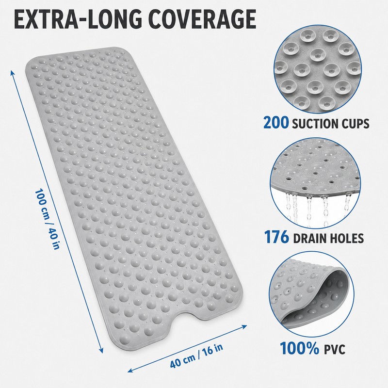 Extra Long Non-Slip Bathtub Mat with Suction Cups, 40 x