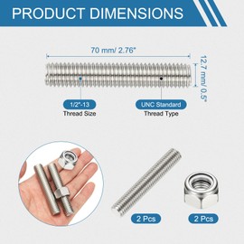 PATIKIL 1/2"-13 UNC Fully Threaded Rod, 2.76" Length 304 Stainless Steel Right Hand Long Thread Bar Studs with Nuts for Pipes Clamps Hangers U-Bolts 2Pcs
