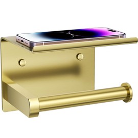 Tindbea Toilet Paper Holder with Phone Shelf, Adhesive or Screw Wall Mount Toilet Tissue Roll Holder, Rustproof & Multifunctional Stainless Steel Bathroom Storage Dispenser (Brushed Gold)