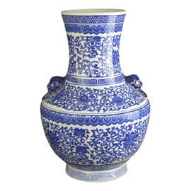 15" Classic Blue and White Floral Porcelain Vase, Double Lion Head Ears Ceramic China Ming Style, Free Wood Base