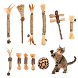 11 Piezas Palitos dentales para Gato, Juguetes para Gatos Gato Catnip, ratán Plateado Natural, Estimula el apetito del Gato, Alivia el estrés y Limpia