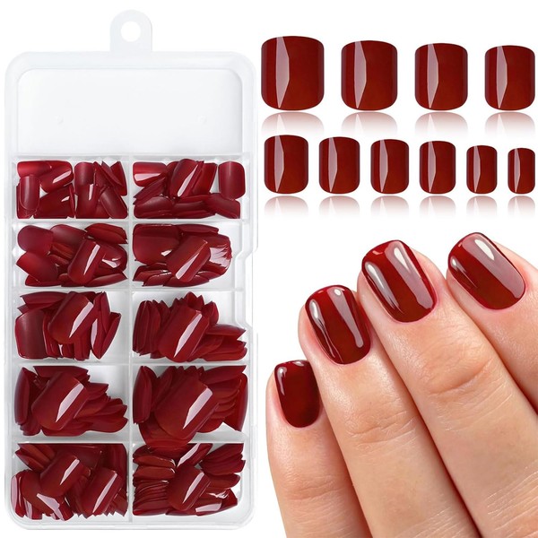 LunarCharm 240 Pieces Burgundy Square Press On Nails with Tabs,