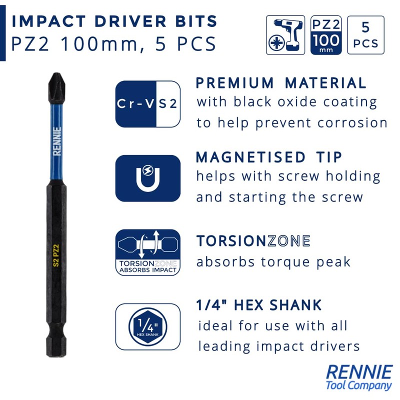 5 x Rennie Tools 100mm Long PZ2 Impact Screwdriver Driver