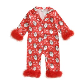 Kuriozud Baby Girl Christmas Satin Silk Pajamas Button Down Santa Claus Pajamas Jumpsuit Feather Trim Sleeve Nightgown Pjs (A-Red, 0-3 Months)