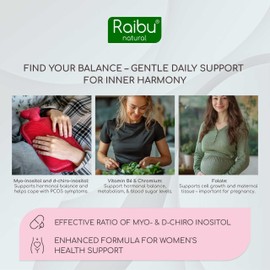 Myo Inostiol & D Chiro Inositol Supplement 150 Capsules - PCOS & Hormonal Balance Support - Enriched with Folic Acid, Vitamin B6 & Chromium - High Strength Vegan Capsules from Raibu
