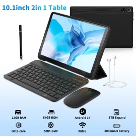 Jeazans 10.1" Android 14 Octa-Core Tablet 12GB+64GB With Keyboard/Mouse Touchscreen
