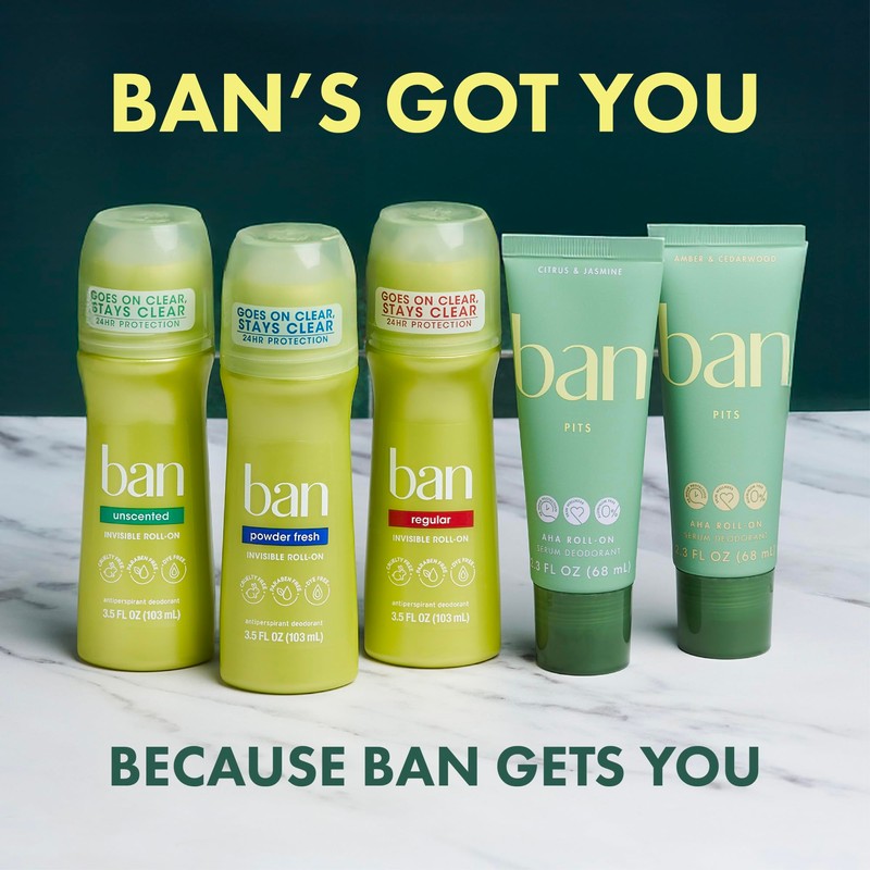 Ban Invisible Roll-on Antiperspirant Deodorant for Women and Men, 24-hour