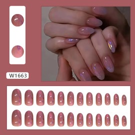 Almond Press on Nails Short Almond Fake Nails Nude Pink False Nails with Speckle Designs Glossy Stick on Nails Reusable Nails for Women Manicure False Nails Kit 24 Pcs