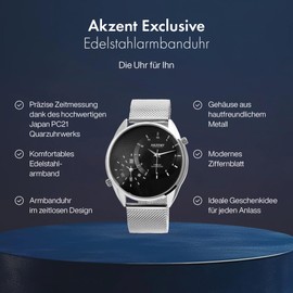 Akzent Exclusive Men's Watch Mesh Strap Watch 2 Times Analogue Quartz 2300010, black, Bracelet