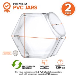 129 Oz Hexagon Cookie Jars with Lids ( 2 Pack) Wide Mouth Plastic Jars with Lid Reusable & Recyclable Shatterproof Jars Clear Plastic Jars for Cookies, Candy, Laundry Detergent Pods Stock Your
