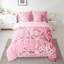 Erosebridal Japanese Sakura Bedding Set for Girls,Cherry Blossom Full Comforter Set 7 Piece Spring Cherry Pink Flower Tree Bed in A Bag Pink Dreamy Flowers Botanical Bed Set for Kids Teen Adults