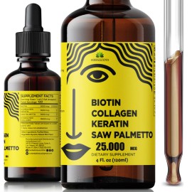 HERBALICIOUS Liquid Biotin Collagen Keratin 4fl oz Formula Hair Skin Nails Saw Palmetto