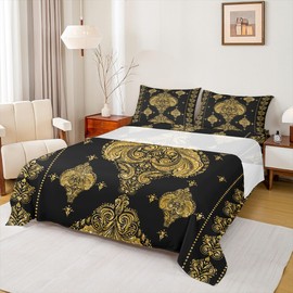 Paisley - Juego de sábanas bohemias de tamaño individual, diseño tribal azteca occidental, 3 piezas, juego de sábanas florales con purpurina dorada clásico para adolescentes y adultos, decoración de habitación exótica y sábana encimera, 1 funda de almoha