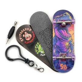 SPITBOARDS 32 x 96 mm Fingerboard Complete Wood Set-Up Assembled, 5-Layers, Silver Trucks with Bushings and Nuts, CNC Bearing Wheels in Transparent Purple, Lasered Foam Grip Tape Purple T-Rex