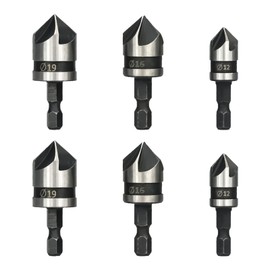 6 Pcs 1/4 Inch Hex Shank Countersink, 12mm/16mm/19mm Countersink Set, Drill Bit 5 Flute 90 Degree Chamfering Bits, High Carbon Steel Bits for Wood Plastic Soft Metal Fiberboard Plywood DIY Projects