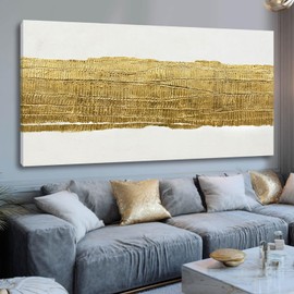 Kureful White and Gold Home Wall Decor Line Wall Decorations Modern Wall Art 24"x48" Decorative Painting for Bedroom Kitchen Pictures