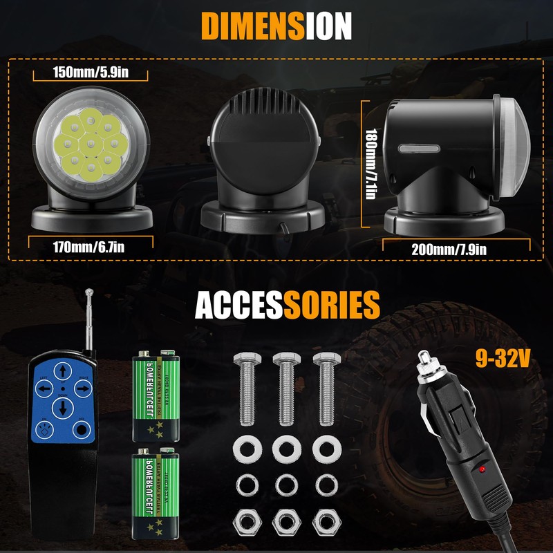 Remote LED Search Lights for Truck, Auto-Reset 360 Rotating Spot