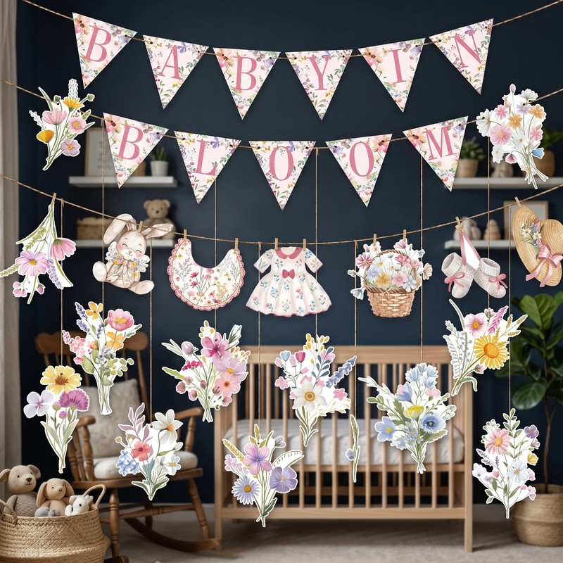 Baby in Bloom Floral Banner Set, Pink Flower Baby Shower