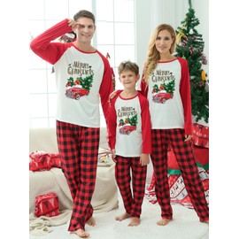 JAXUH Matching Family Christmas Pajamas, Cute Pringted Tops and Plaid Pants Sleepwear, Xmas Vacation Pjs Sets (Youth, 2-3 Years, Car)