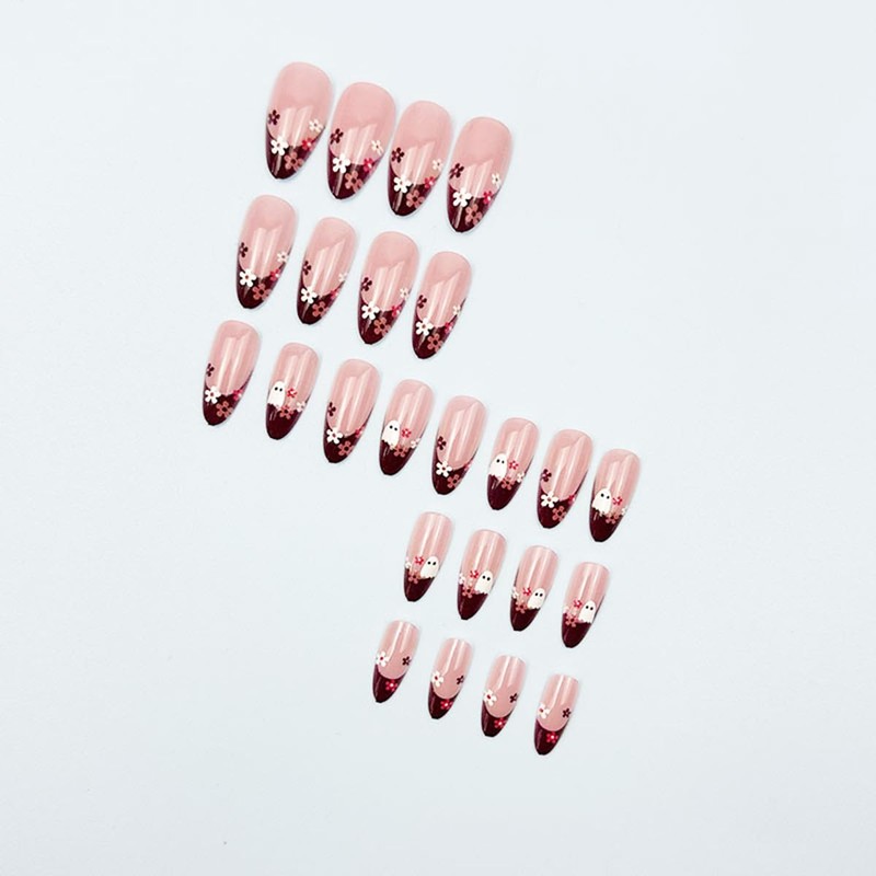 24Pcs Red Brown French Tip Press on Nails Medium Almond