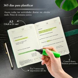 Terminplaner 2025, Tag pro Seite, A5, veganes Leder, Hardcover, inklusive Stift mit Flüssigtinte, gelbes Folio für lange Notizen, 21,5 x 15 cm