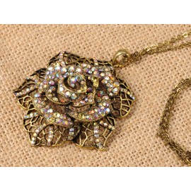 Alilang Vintage Inspired Tone Lacy Filigree Ab Crystal Rhinestone Rose Flower Pendant Necklace