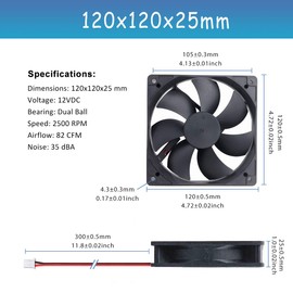GDSTIME 12V Fan,120mm x 25mm 12V DC Brushless Cooling Fan Muffin Fan Radiator Ventilateur,Computer PC Case Cooling, Dual Ball Bearings 2500RPM 2PIN