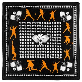 EVERY-VILLE Where EVERYone is Welcome Pickleball Themed Bandana – 100% Soft Cotton, 22x22 inches, Double-Sided Print, 1 Pack, Black Orange White - Accessory Gift for Men and Women