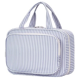 Narwey Large Hanging Travel Toiletry Bag for Women Wash Bag Cosmetics Makeup Bag Organizer for Full Size Accessories (Greyish Blue Stripe (Large))