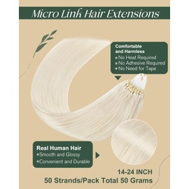 Ugeat Micro Beads Hair Extensions Platinum Blonde Micro Link Hair Extensions Human Hair Blonde Micro Ring Hair Extensions Low Damage 22 Inches 50g 50s