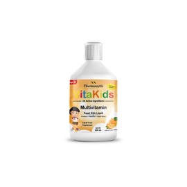 Pharmanostix Kids Multivitamin Liquid 500ml, 28 Active Ingredients Superfood Greens - CoQ10, Lutein & Spirulina, Supports Brain & Cardiovascular Health, Natural Orange Flavour, High Absorption, 33 Days Supply