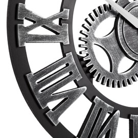 Oldtown Clocks 33" Roman Silver Noiseless Silent Gear Wall Clock - Large 3D Retro Rustic Country Decorative Luxury Art Big Wooden Vintage for House Warming Gift (33 inches, Roman-Silver)